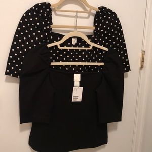 Two H & M tops, black & black with white polka dot